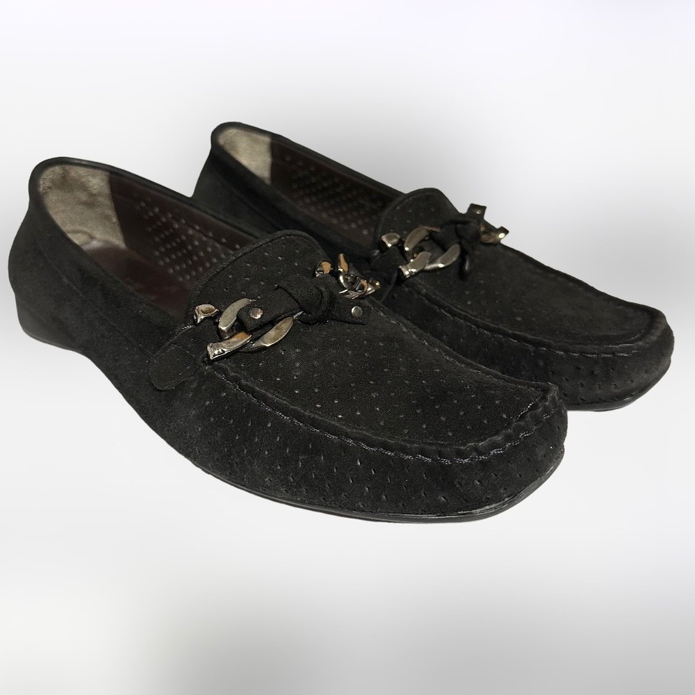90s Y2K Stuart Weitzman Loafer Womens 6.5 Black Suede Chain Link Minimalist